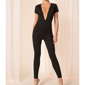 BY THE WAY. Black Plunge Deep V Short Sleeve Jumpsuit Catsuit
